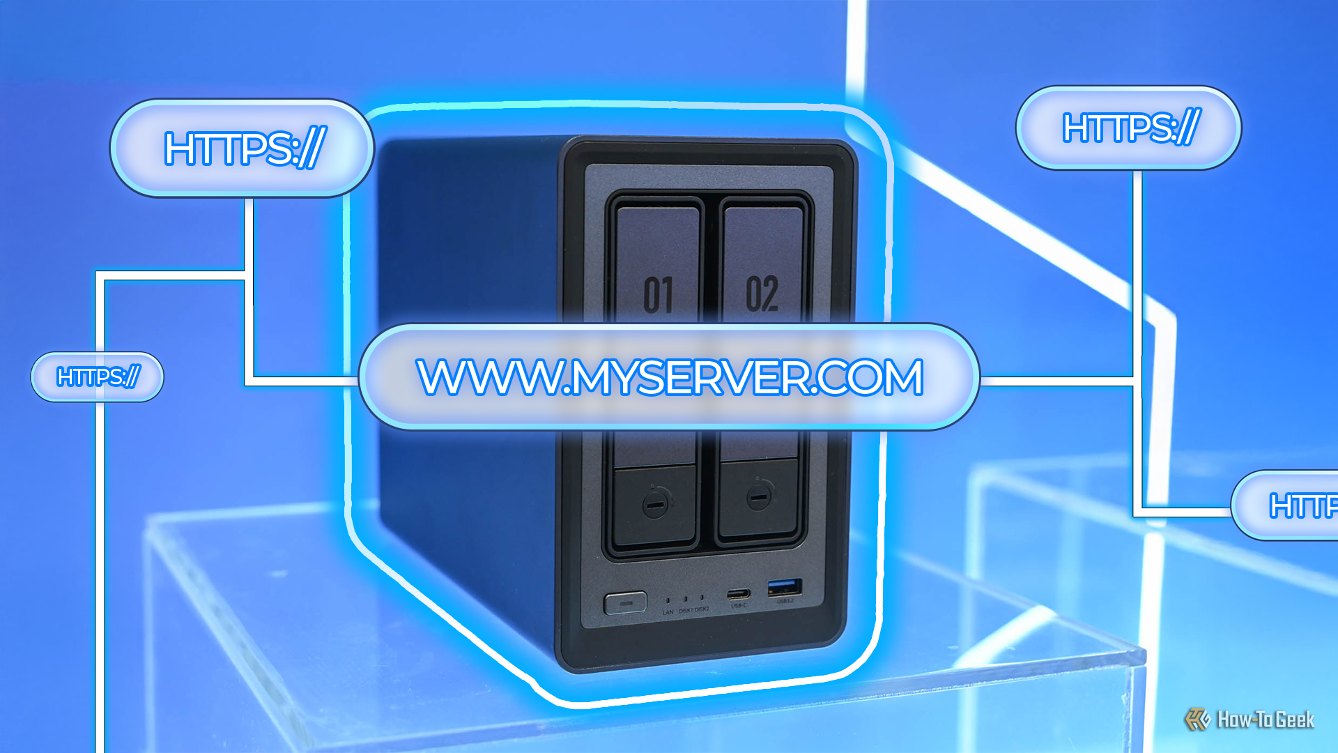 Um servidor NAS cercado por nomes de domínio.