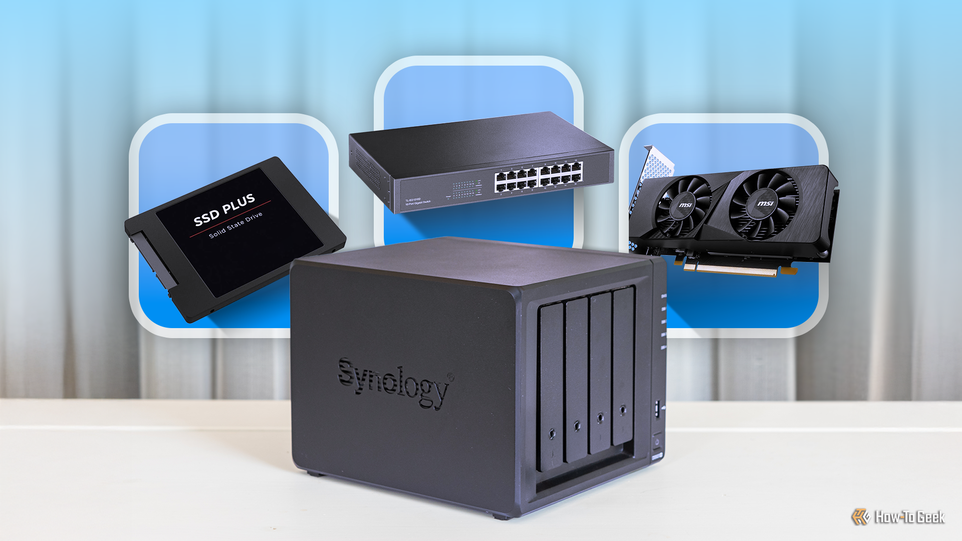 A NAS server with an SSD, a multi-gig switch and a GPU above it.