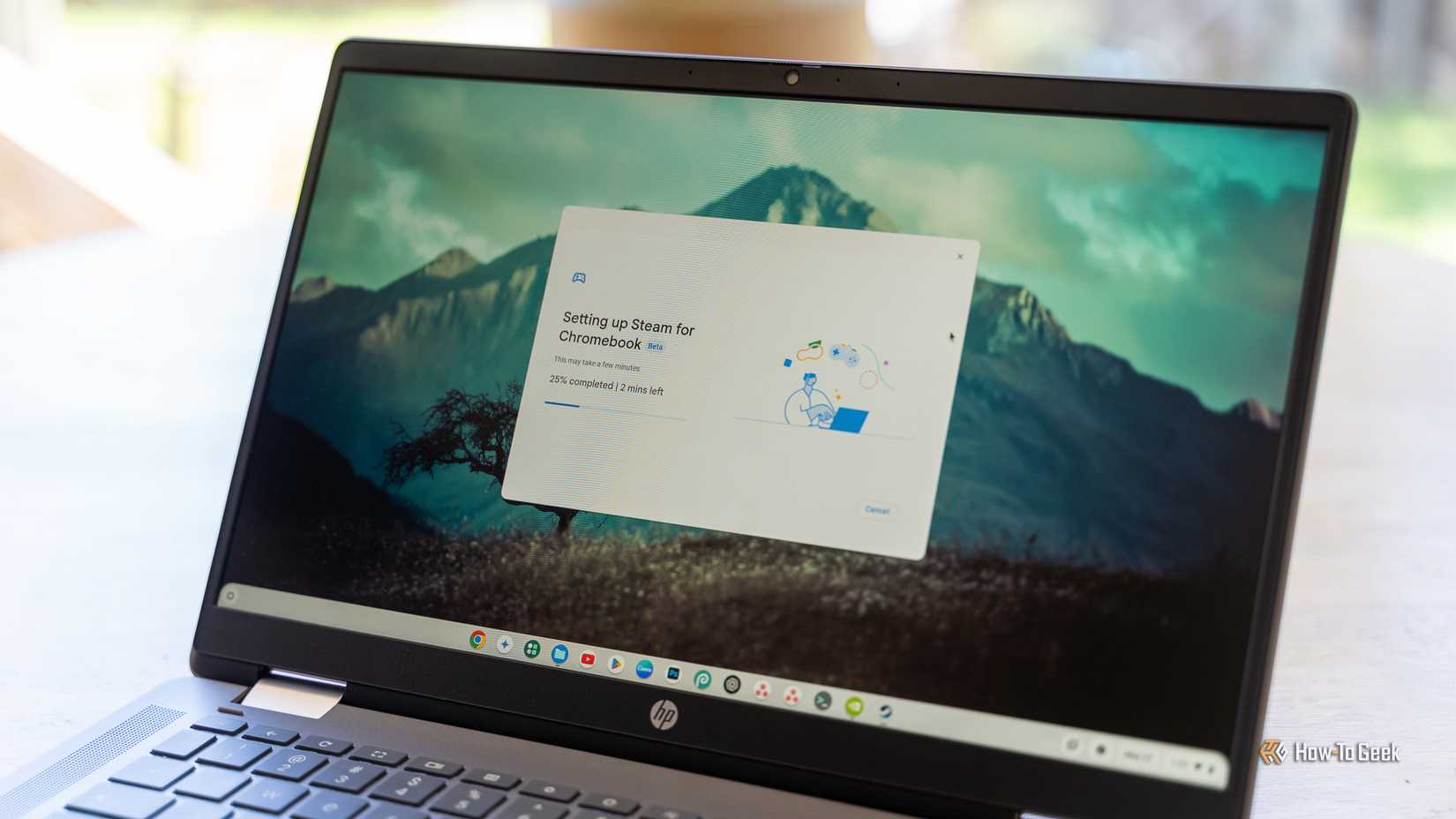 The Steam for ChromeOS installer running on a Chromebook Plus.