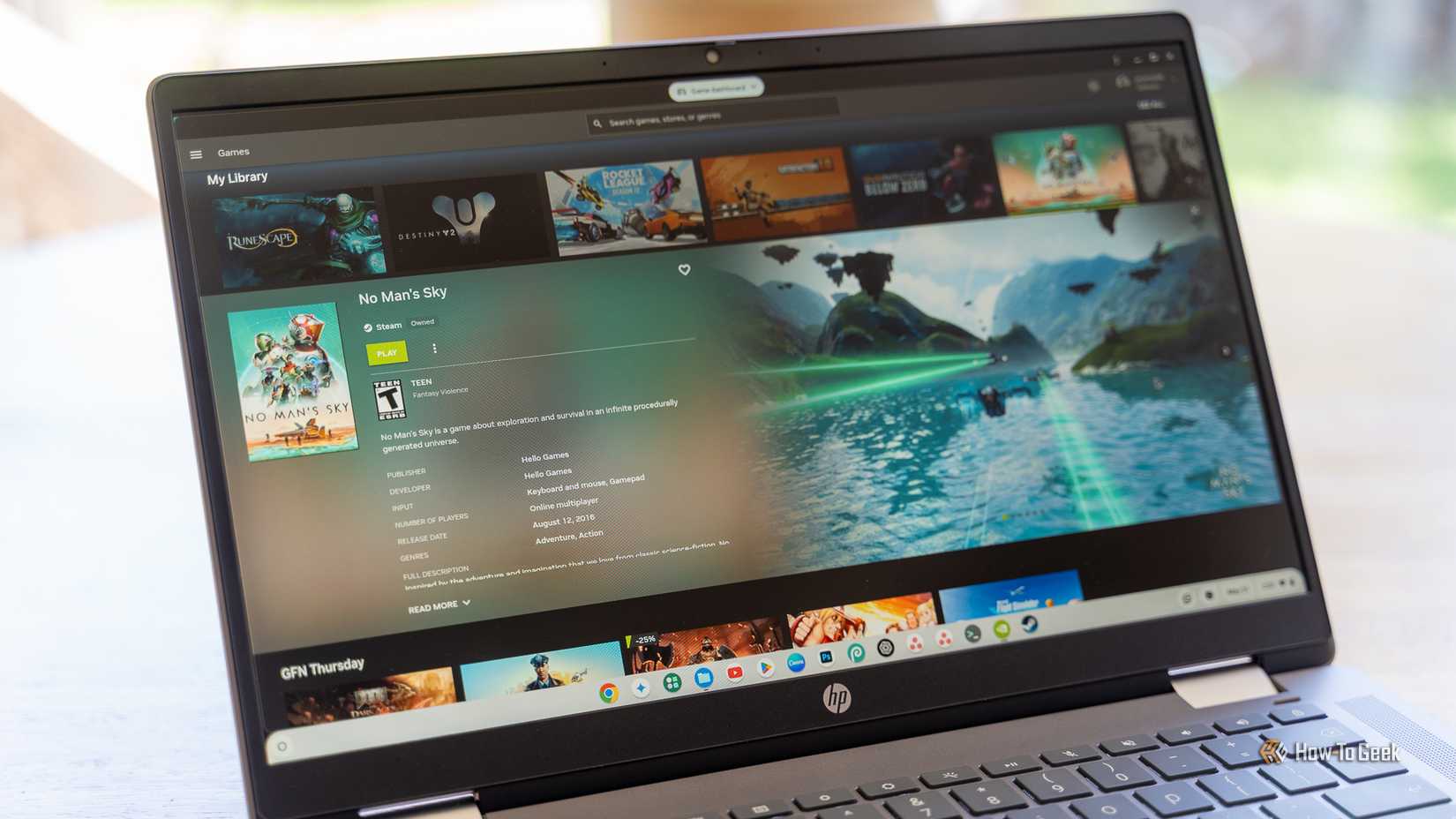 An HP Chromebook plus with the Nvidia GeForce application now showing no man's sky.