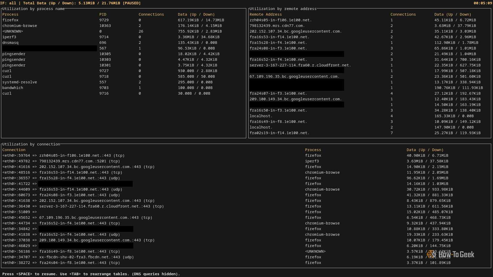 A terminal screen is open, and it displays the bandwhich utility. On the screen are the details for a number of active, cumulative connections.