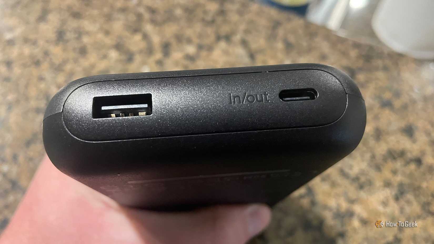 The USB-C and USB-A ports of the Belkin BoostCharge Power Bank 20K.