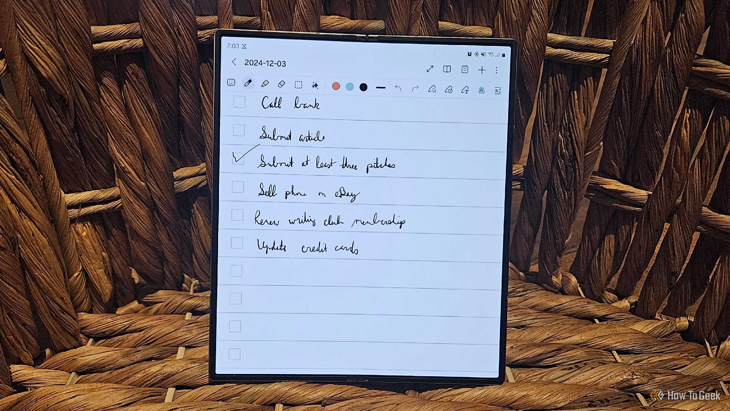 Handwritten notes in Samsung Notes on a Galaxy Z Fold 6.