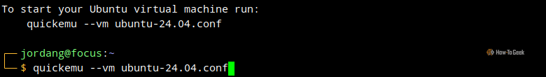 A Linux terminal showing the results of a quickget command fetching an Ubuntu image, with a command to launch the VM.