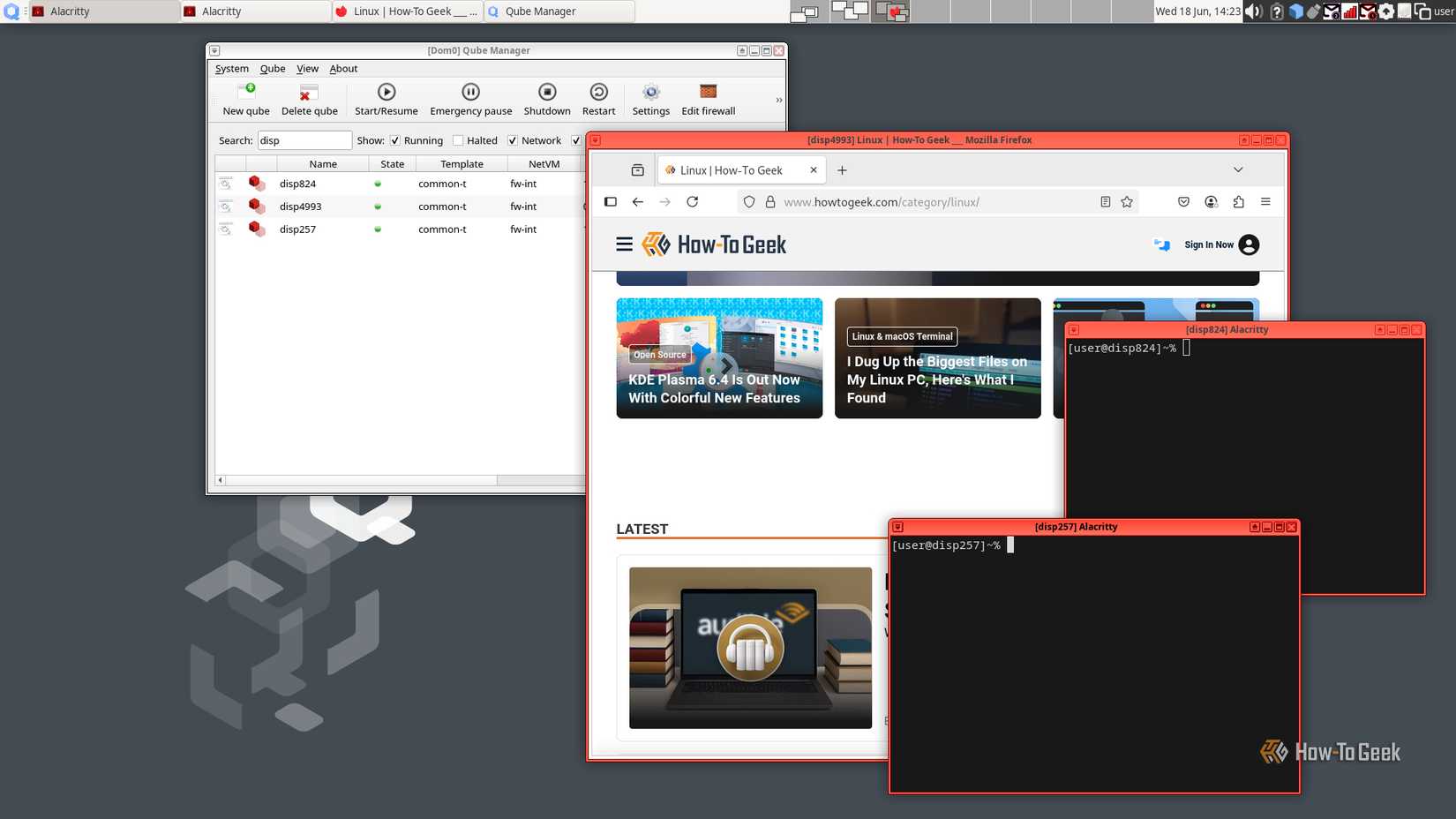 Um desktop Qubes exibe um navegador e duas janelas de terminal, todas executadas em diferentes máquinas virtuais descartáveis. Outro programa exibe uma lista de máquinas virtuais descartáveis ​​em execução.