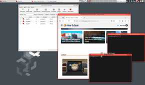 A Qubes desktop displays a browser and two terminal windows, all running in different disposable virtual machines. Another program displays a list of running disposable virtual machines.