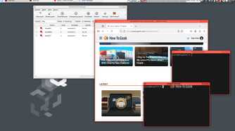 A Qubes desktop displays a browser and two terminal windows, all running in different disposable virtual machines. Another program displays a list of running disposable virtual machines.