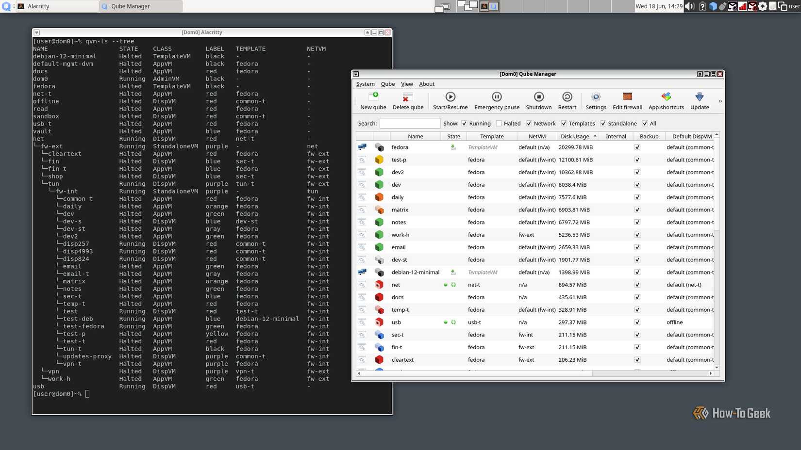The Qubes desktop displays a terminal window and program; both show a list of virtual machines.