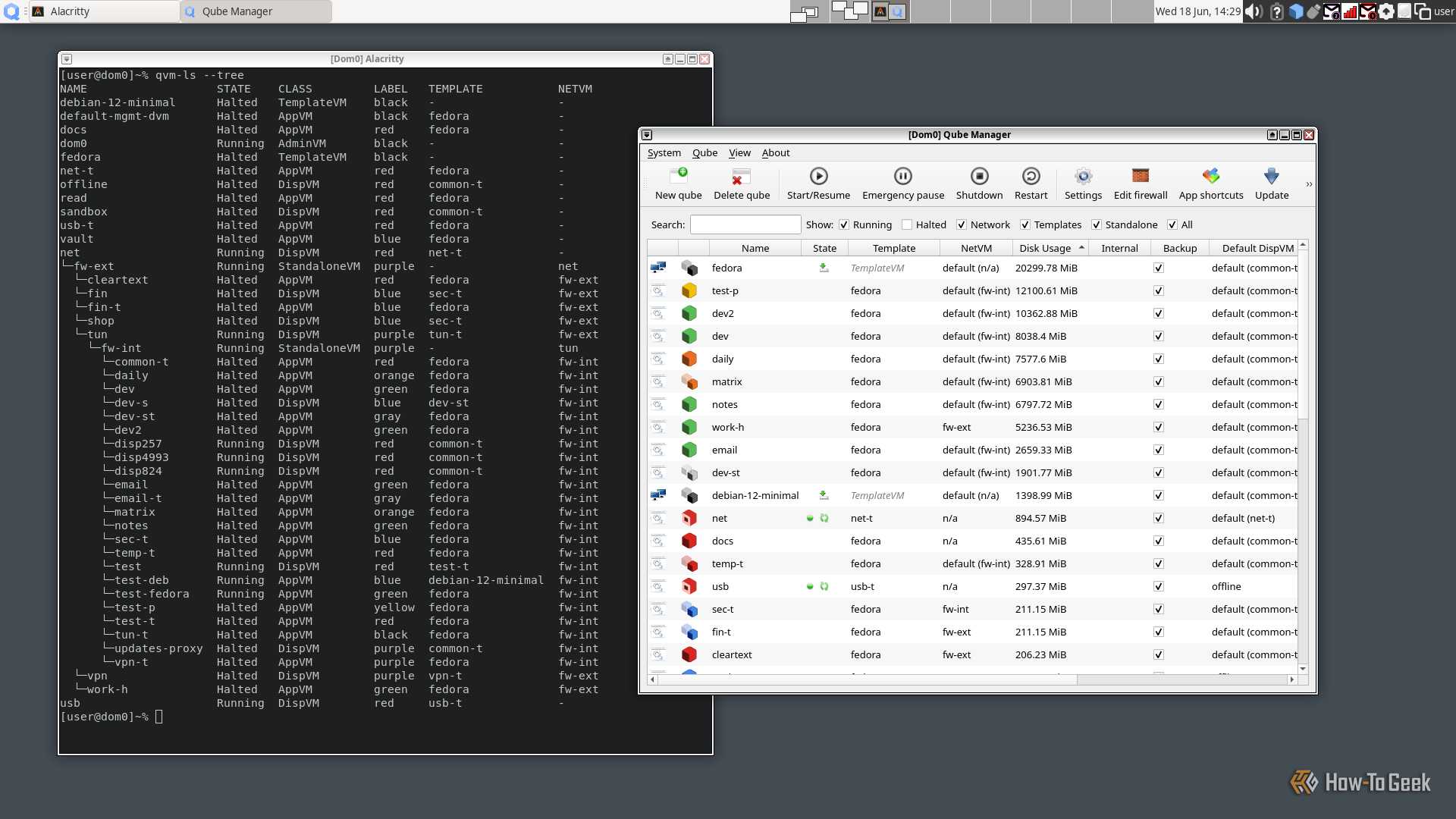 A Qubes desktop displays a terminal window and a program; both display a list of virtual machines.