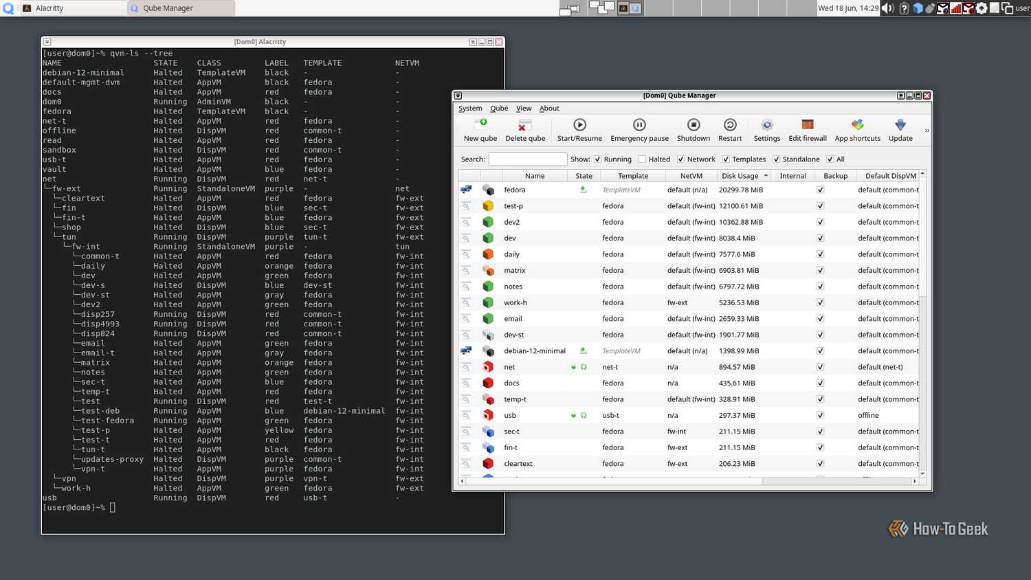 A Qubes desktop displays a terminal window and a program; both display a list of virtual machines.
