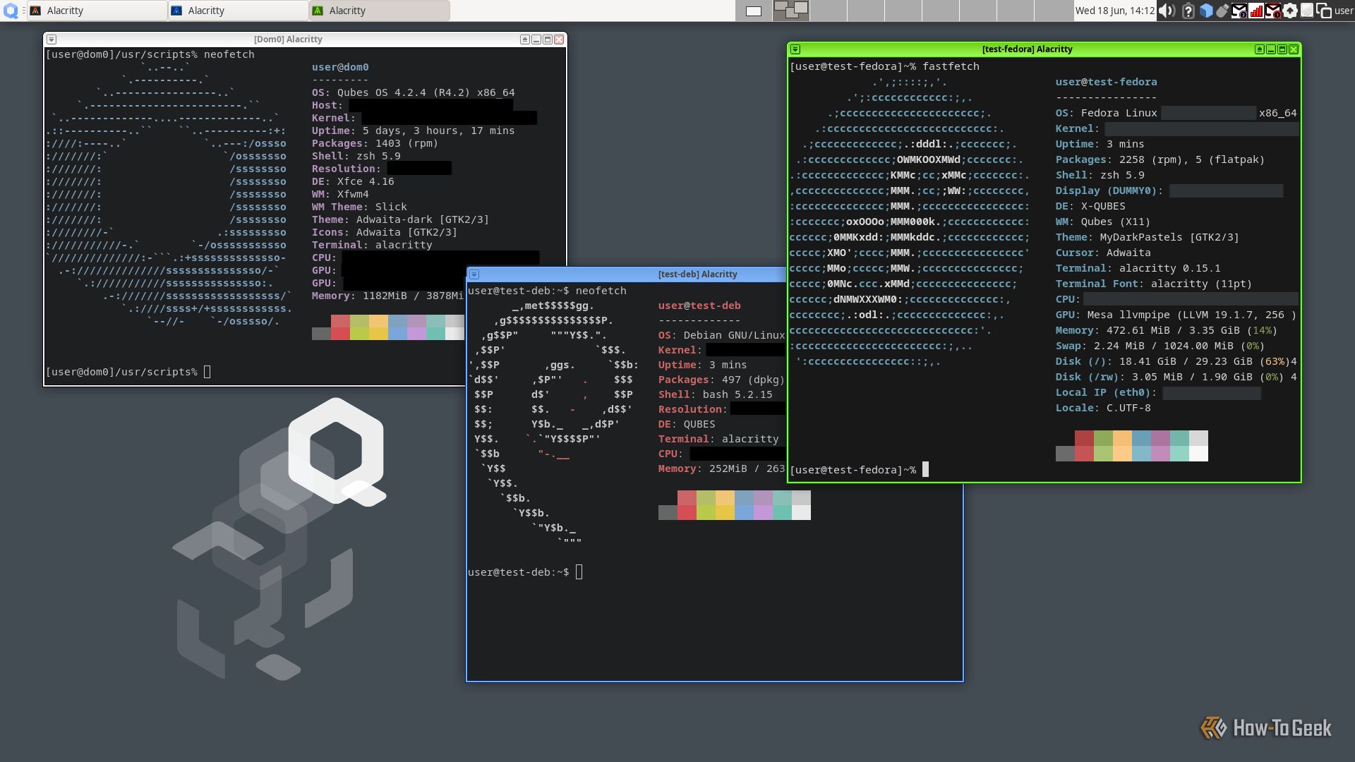 A Qubes desktop shows three terminal windows, each running in a different operating system: Qubes, Debian, and Fedora. In these terminal windows, it displays Neofetch information, which includes the distribution icon.
