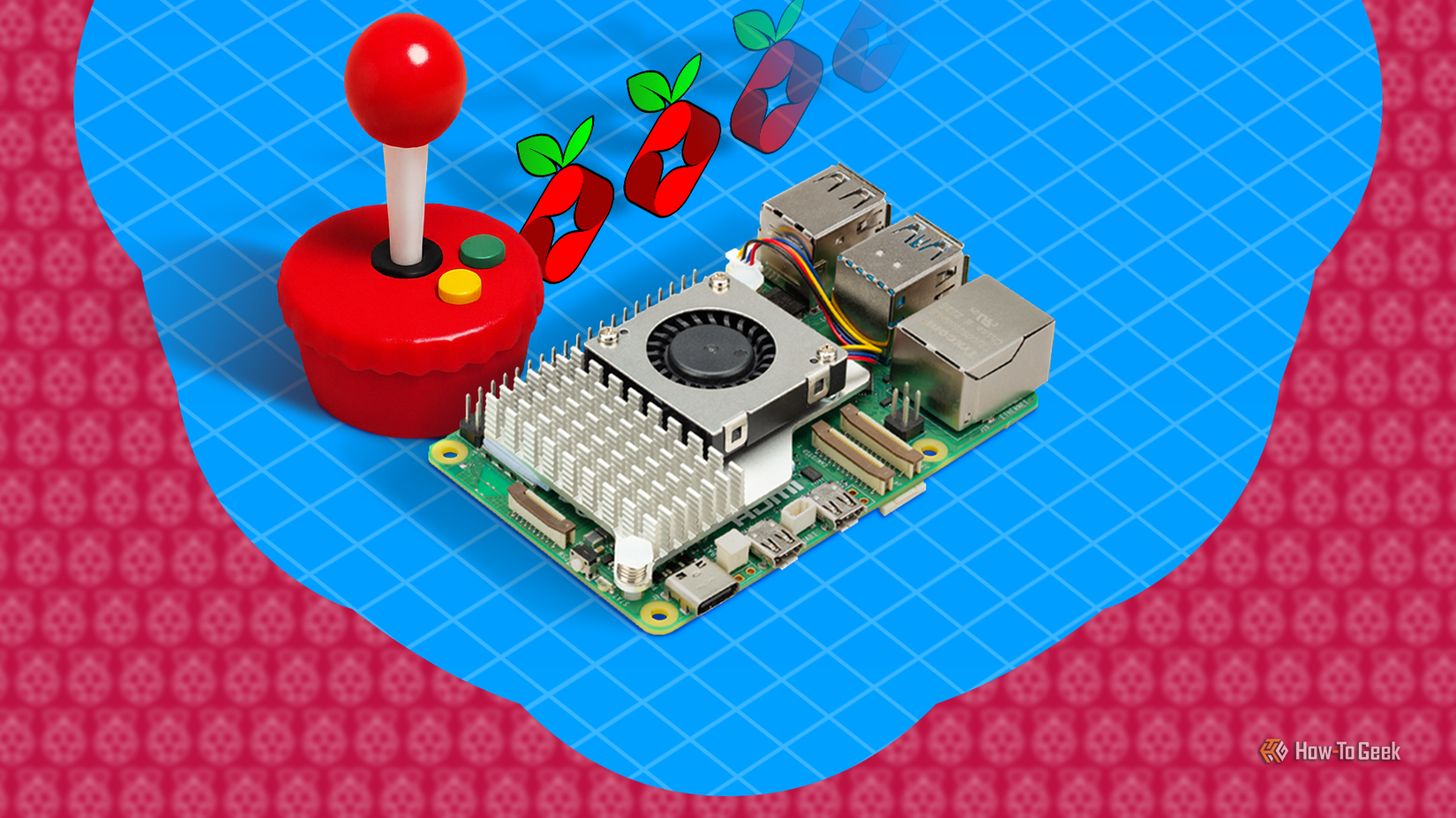 A Raspberry Pi next to an arcade controller and the Pi-Hole logo.