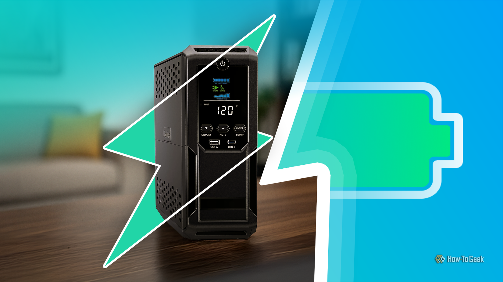 A UPS on a desk with a blurred background, overlaid with a lightning bolt icon and a green battery on the right side.