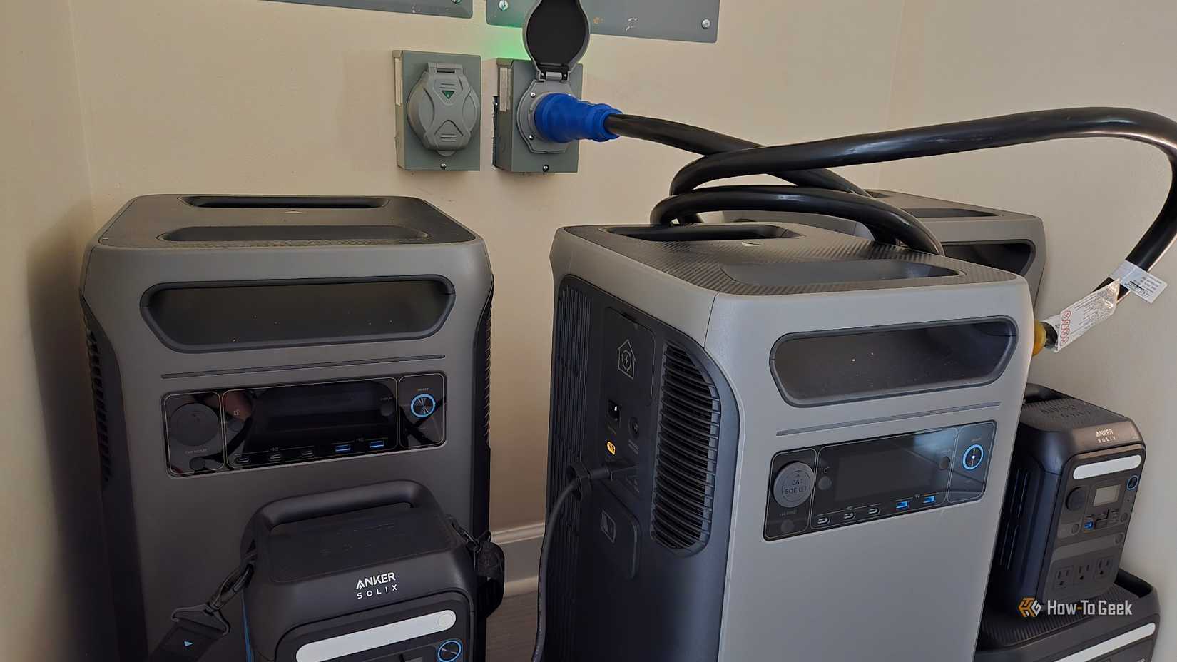 An Anker Solix F3800 more connected to a generator entrance port.