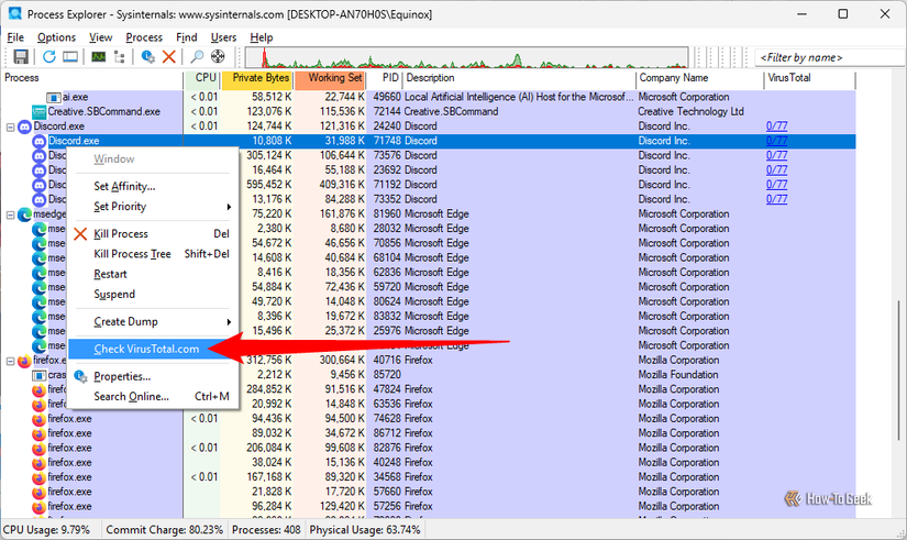 Checking Discord.exe against VirusTotal.com