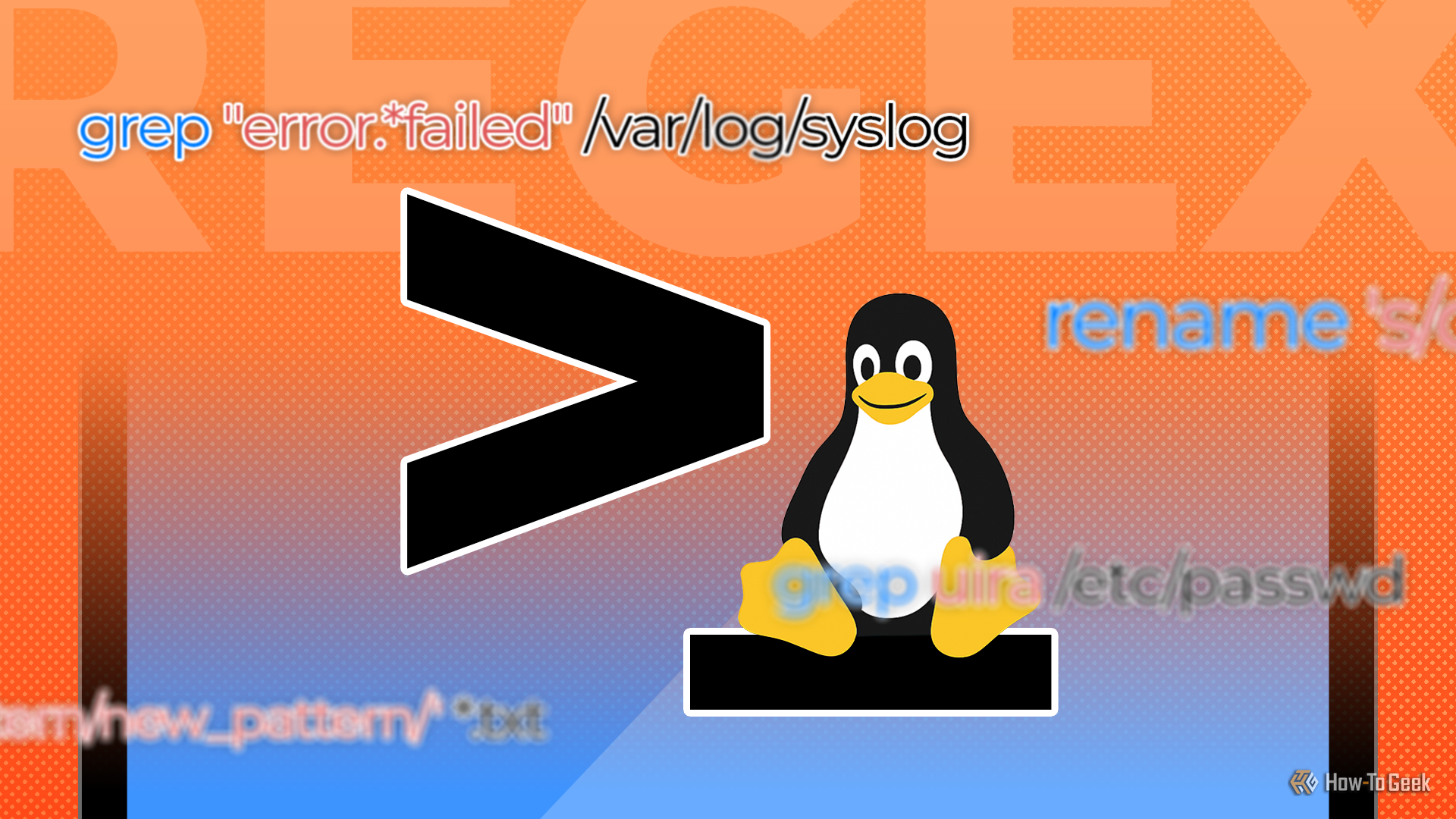 Illustration featuring a large terminal symbol with the Linux mascot sitting next to it, surrounded by various regular expression commands on a colorful gradient background.