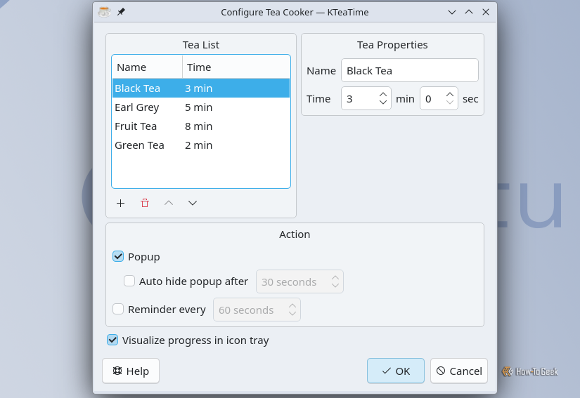 KTeaTime configuration menu.