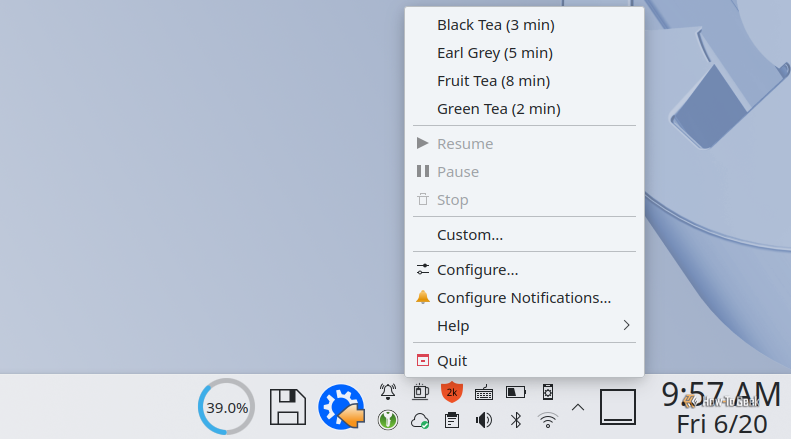 KTeaTime widget context menu in the KDE Plasma system tray.