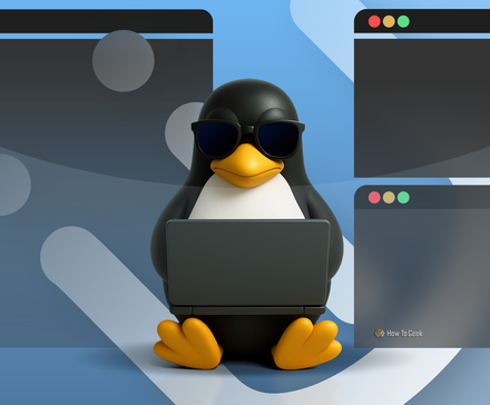 Linux mascot wearing sunglasses and using a laptop, surrounded by floating windows with the i3 Window Manager logo in the background.