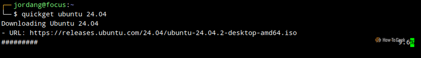 QuickEMU quickget command with a progress bar showing the download of an Ubuntu image file.