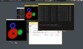 Several windows are open on a Qubes desktop related to graphics. Some windows display glxgears, and others display graphics information.