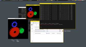 Several windows are open on a Qubes desktop related to graphics. Some windows display glxgears, and others display graphics information.