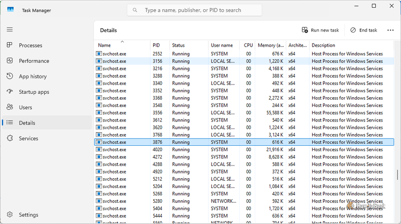 A long list of ambiguous svchost.exes running in Task Manager.