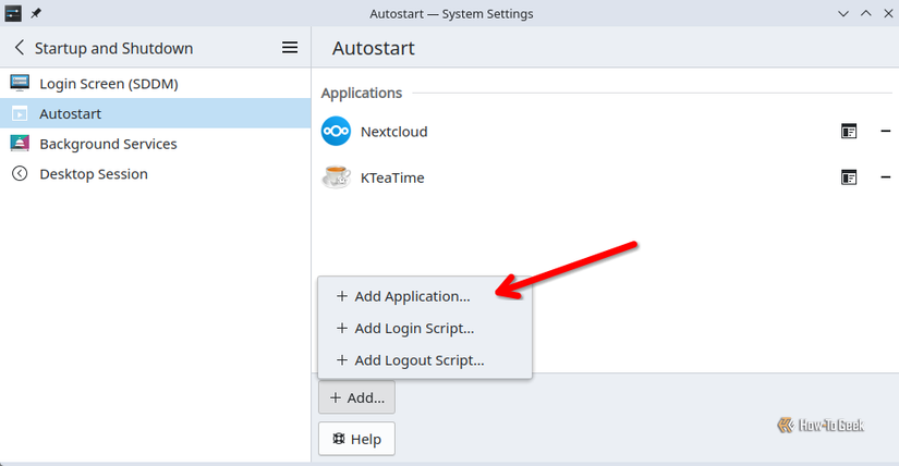 The Autostart options in KDE Plasma with a red arrow pointing toward the Add Application option.