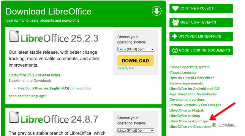 The LibreOffice download page, with an arrow pointing to the AppImage download page link.
