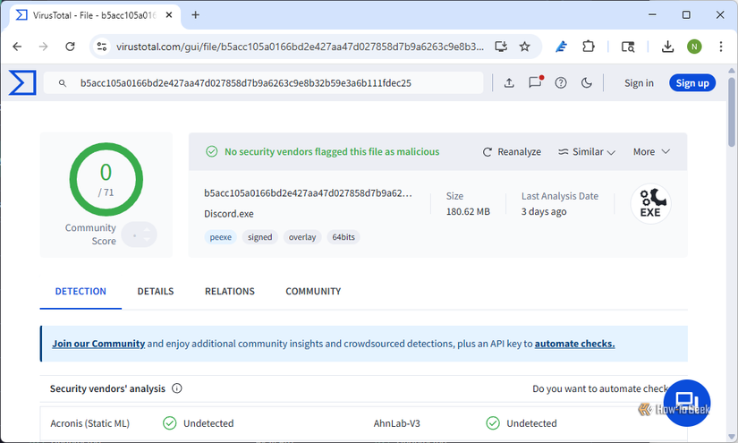The VirusTotal page showing the scan results.