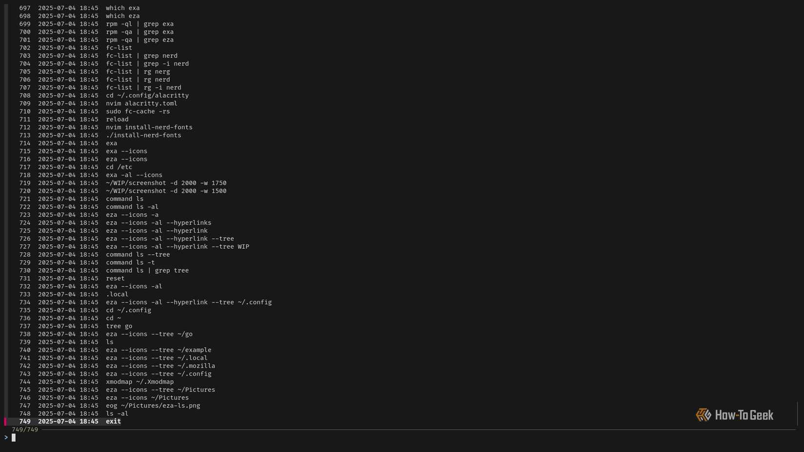 Uma janela de terminal exibe uma lista de comandos. Esta é a saída do comando FZF History Search.