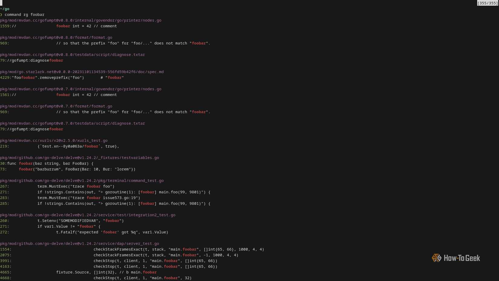 A terminal window displays a list of search results, with a search term highlighted in red.