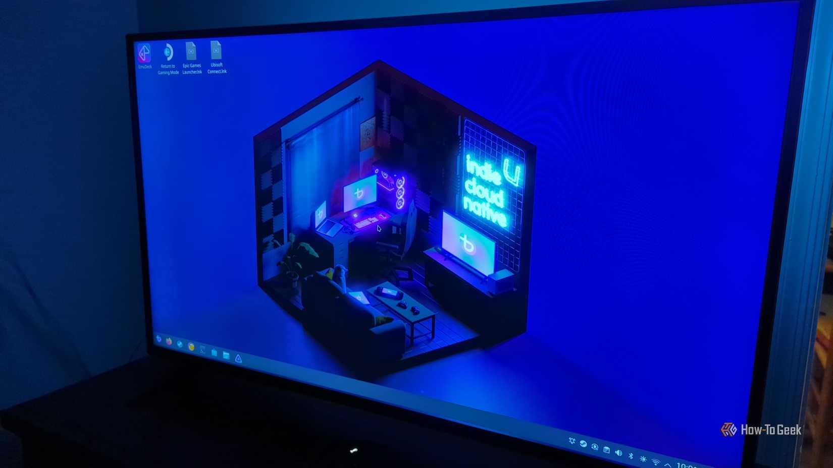 Bazzite Desktop em uma tela de TV.