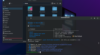 Bazzite desktop with a file browser and terminal window open.