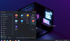 Bazzite desktop with the application launcher open.