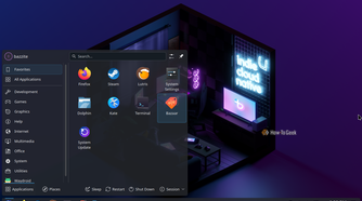 Bazzite desktop with the application launcher open.