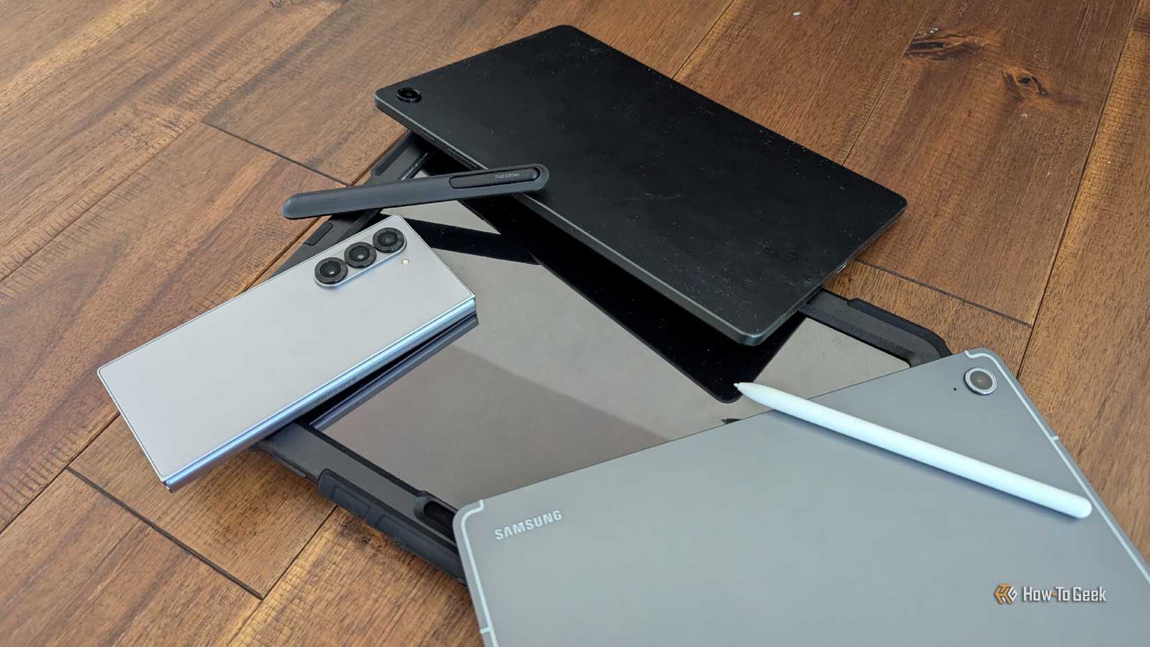 Three Samsung Galaxy tablets and a Z Fold 6.
