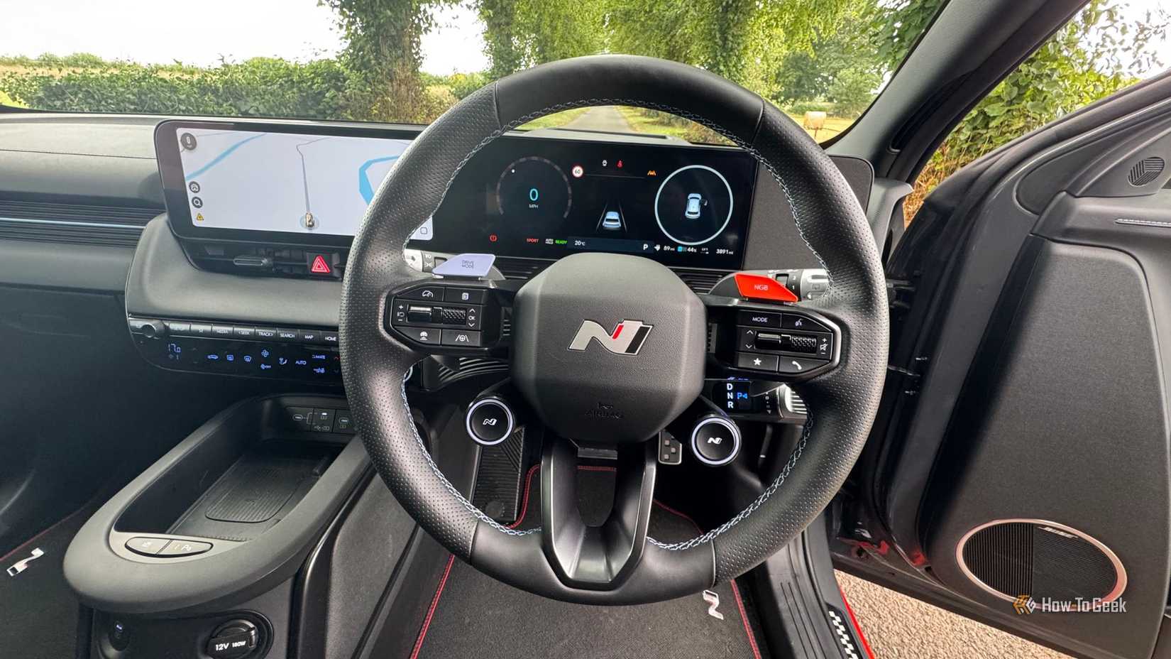 Close-up shot of the steering wheel in a 2025 Hyundai Ioniq 5 N.