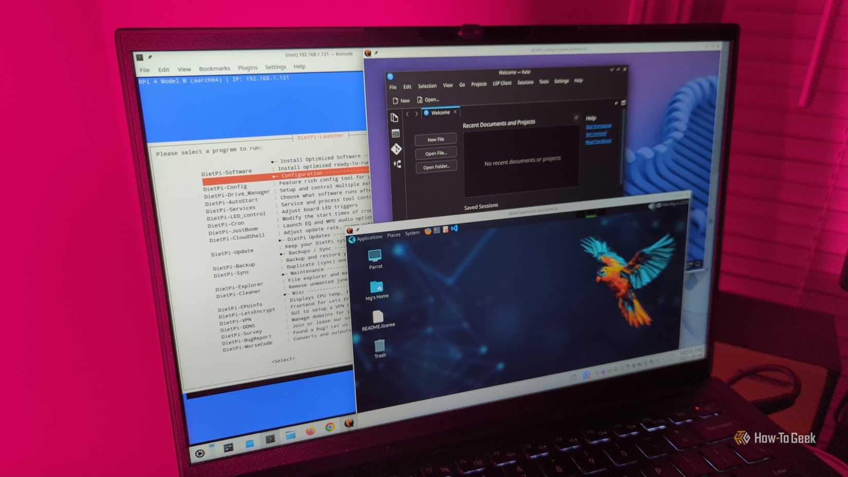 Um painel de laptop com várias distribuições Linux em execução em conexões de terminal e máquinas virtuais.