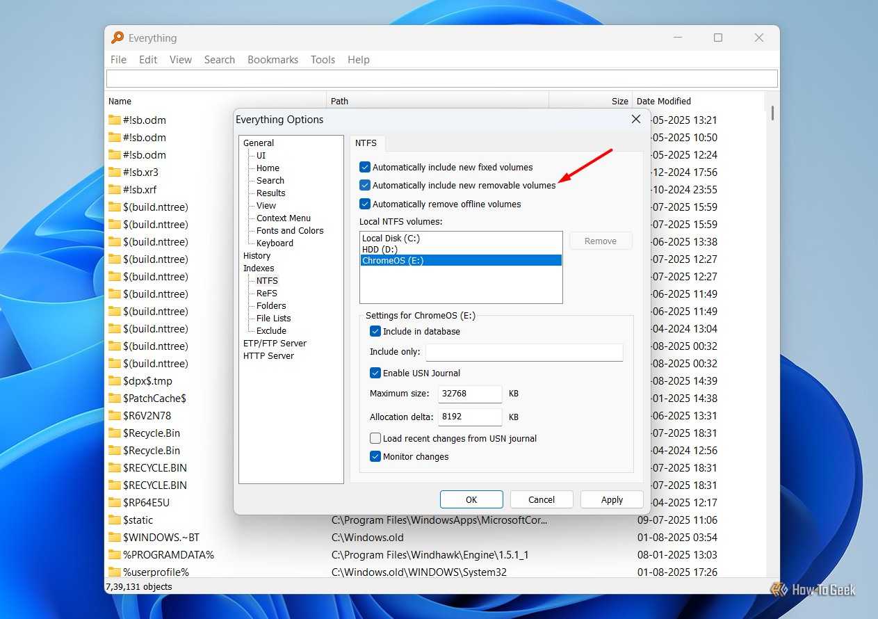 Automatically Include New Removable Volumes box in the Everything app.