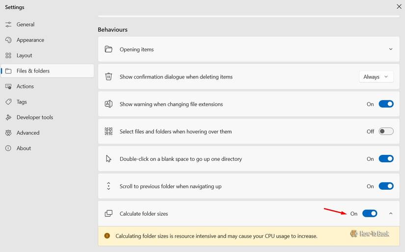 Calcule a opção Tamanhos de pasta no aplicativo App Settings App.