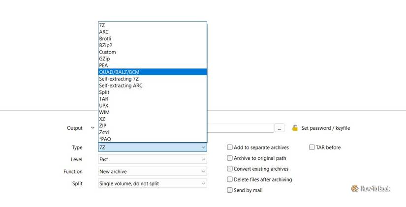 Different archive formats supported by PeaZip.