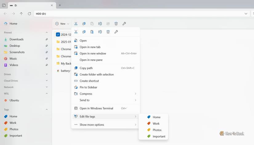 Editar a opção Tags de arquivos no menu de contexto do aplicativo de arquivos.