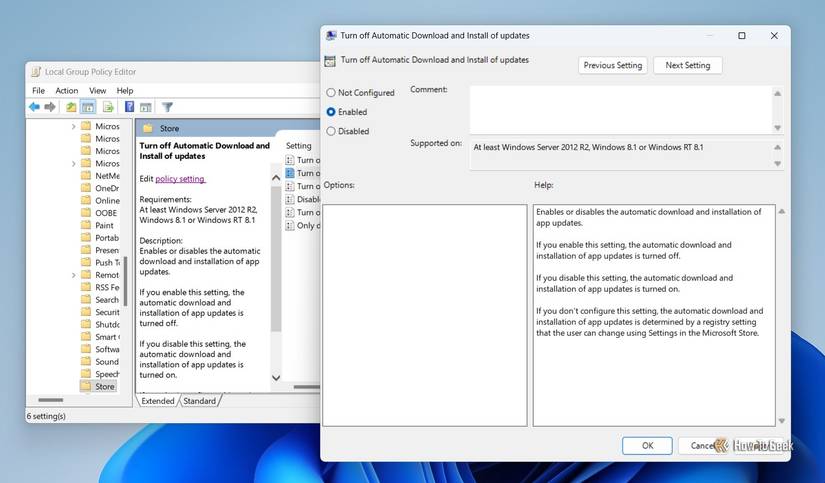 Enabled option in the Turn off automatic download and install of updates policy.