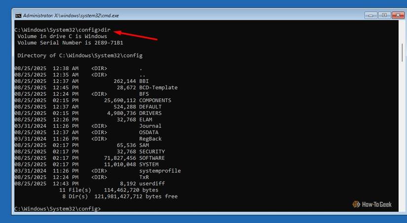 Executing dir command to view folder content.