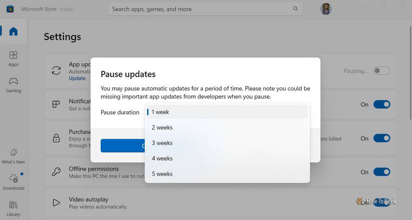 Pausa atualiza a janela na Microsoft Store.