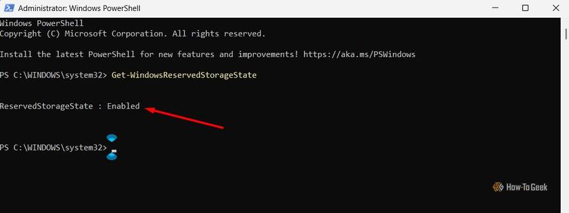 Reserved storage is enabled message in Windows PowerShell.