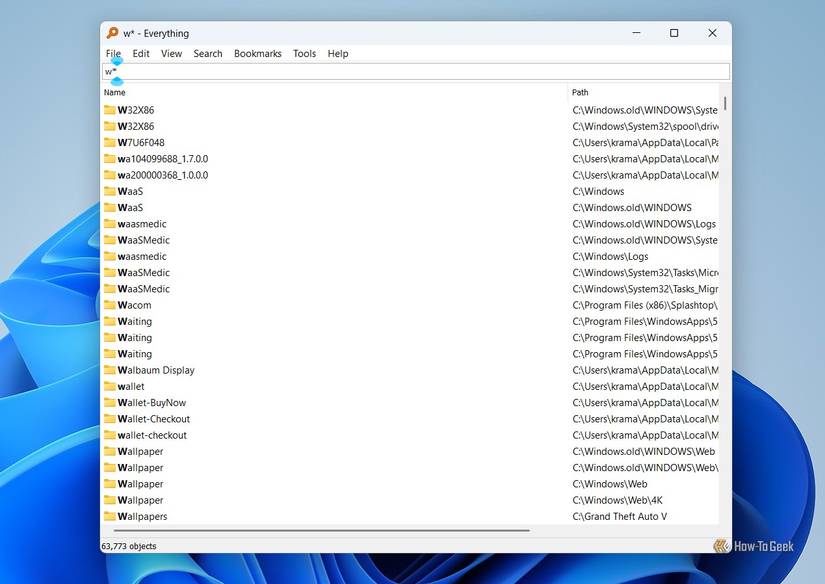 Finding files starting with w in the Everything app.-1