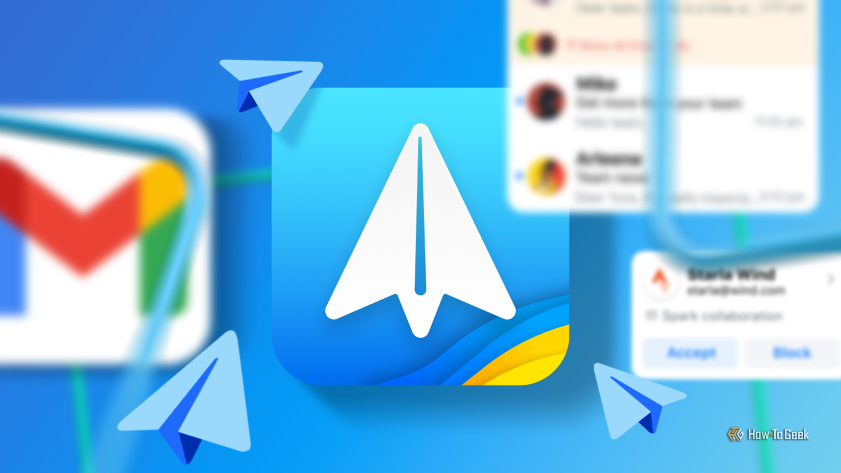 Spark Mail logo in the center surrounded by flying paper airplane icons, with a blurred Gmail logo on the left.