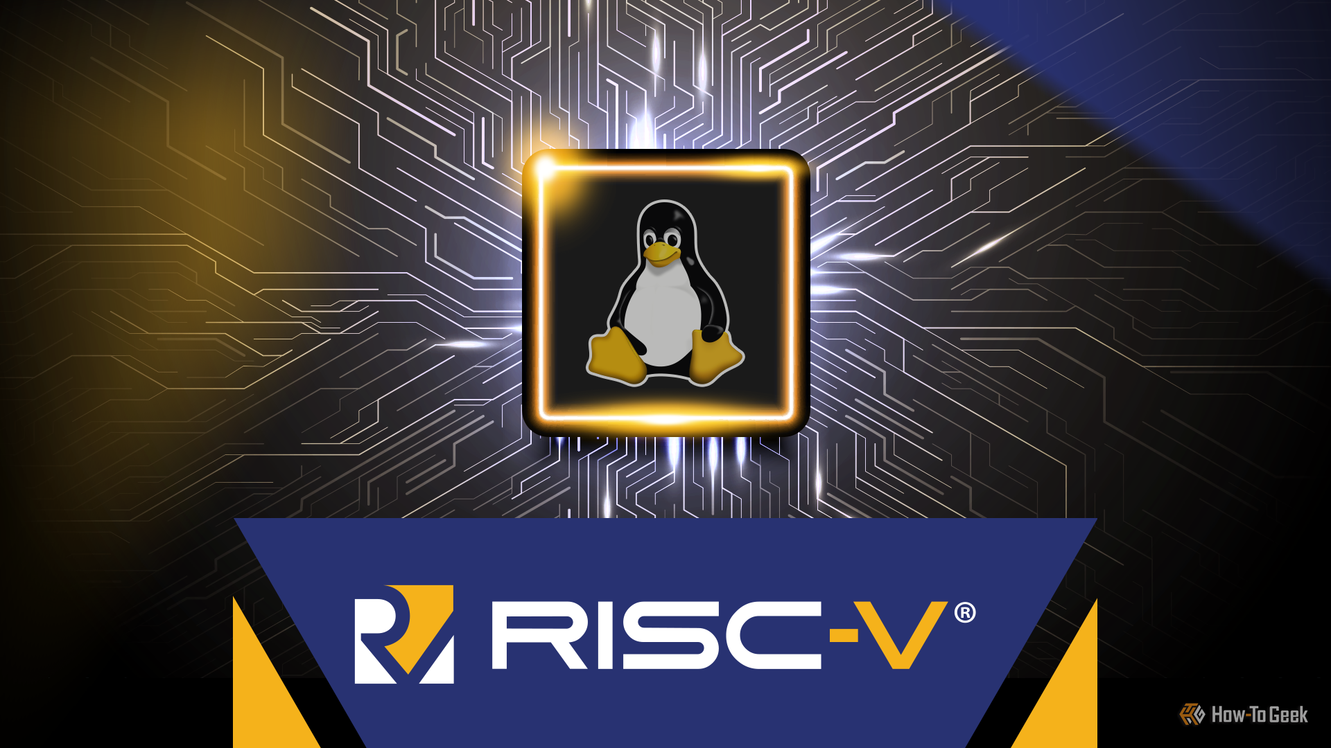 Ilustración estilizada de la mascota Linux Tux dentro de un chip brillante, con circuitos en el fondo y el logotipo RISC-V mostrado de manera destacada debajo.